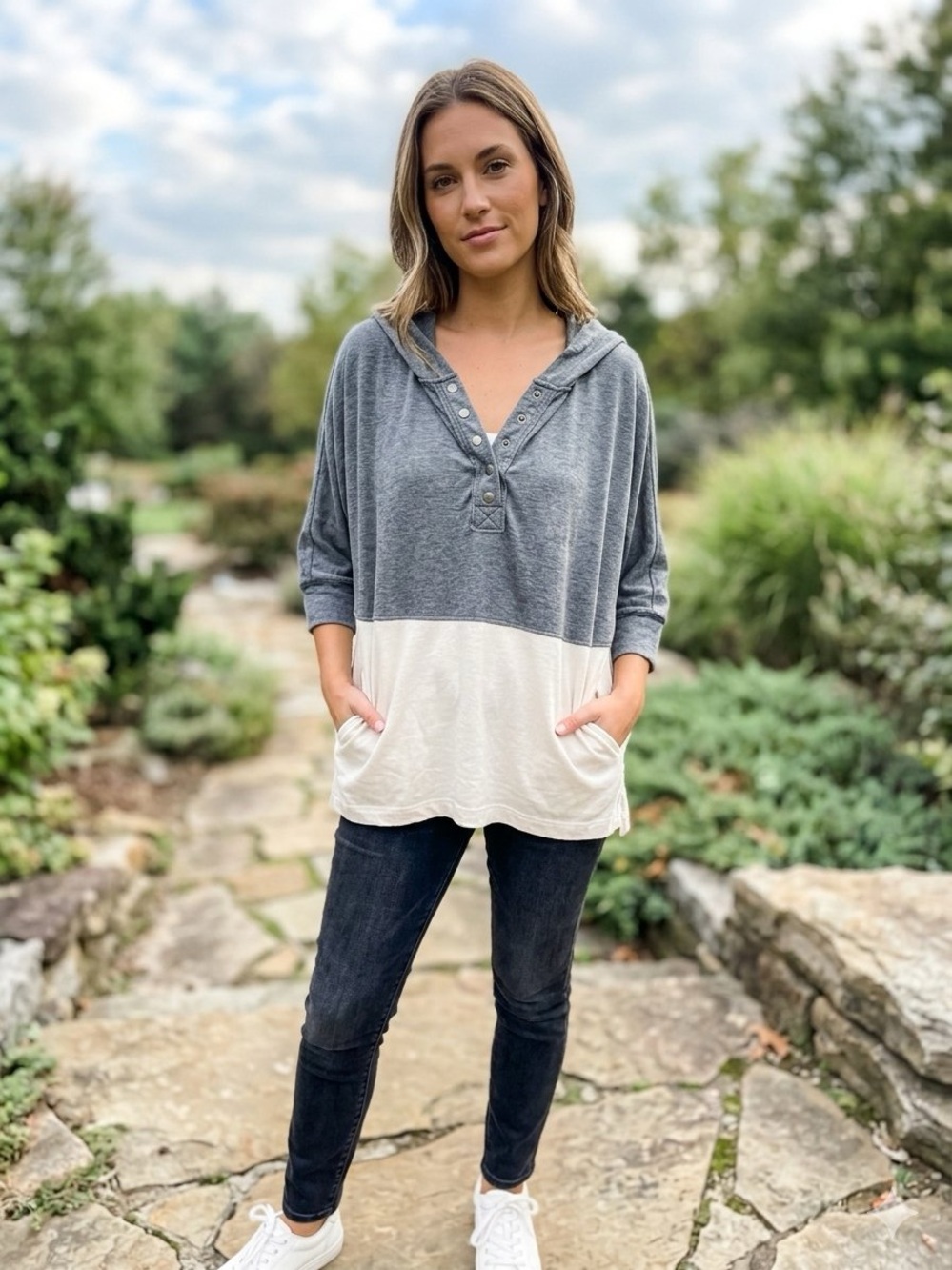 Chaser Gray and Cream Colorblock Hooded Henley Sweatshirt